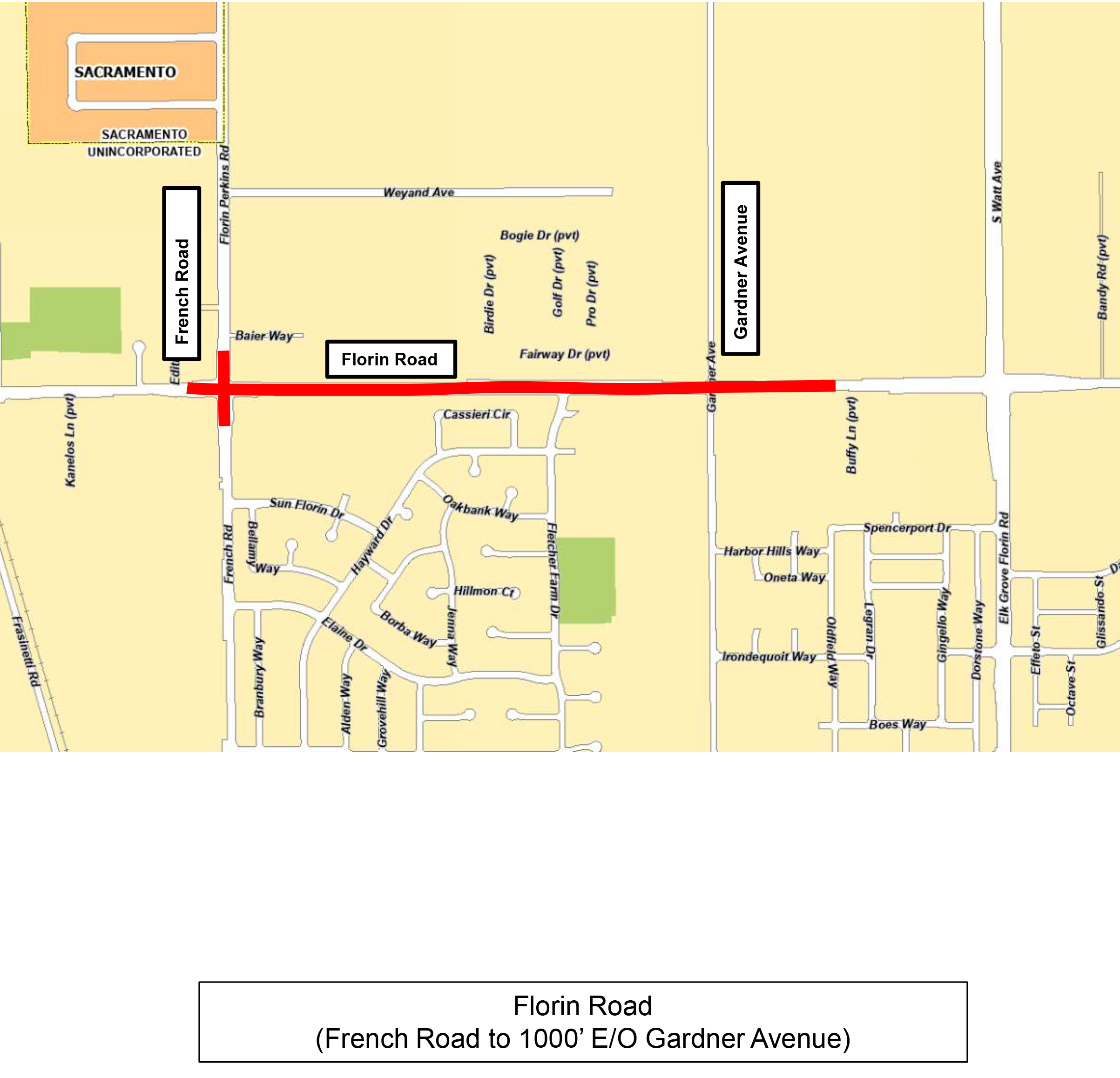Map of project location Florin road  french road to a thousand feet east of gardner avenue
