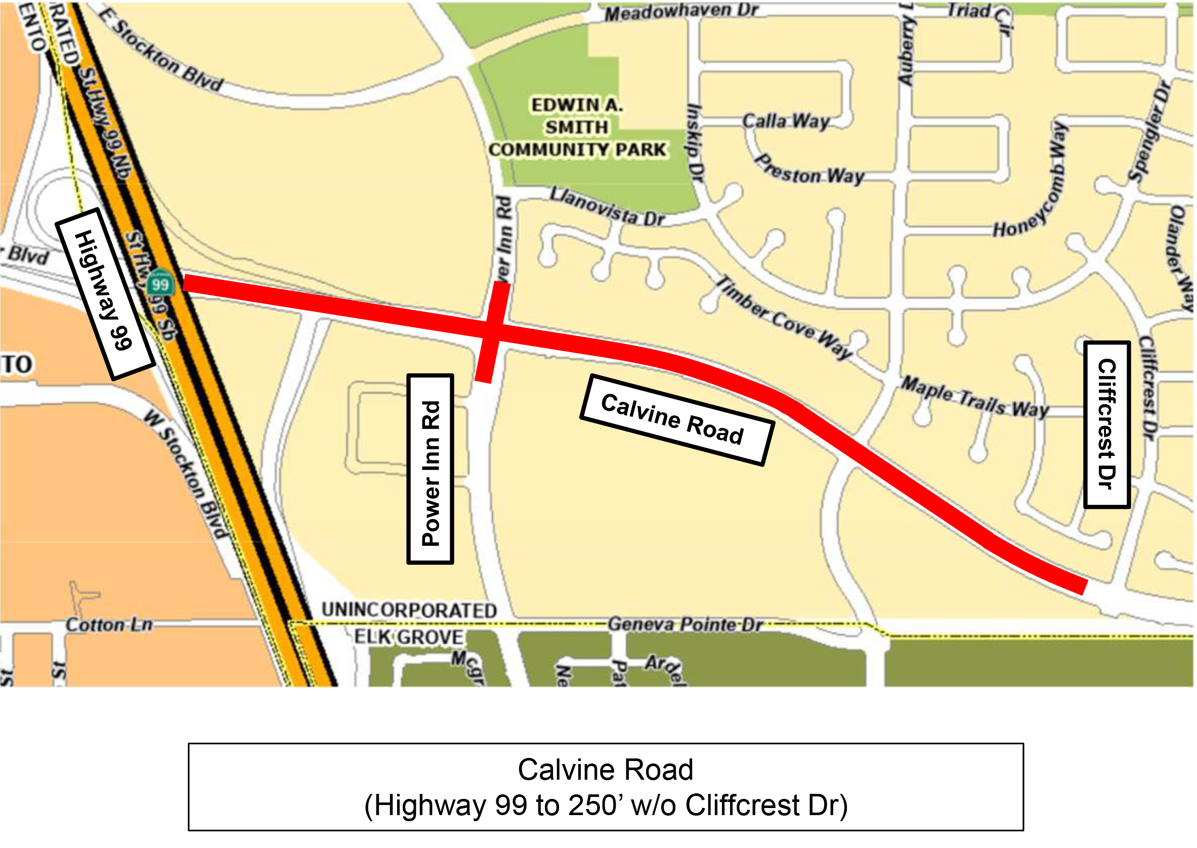 Map of project location calvine road  highway 99 to 250 feet west of cliffcrest drive