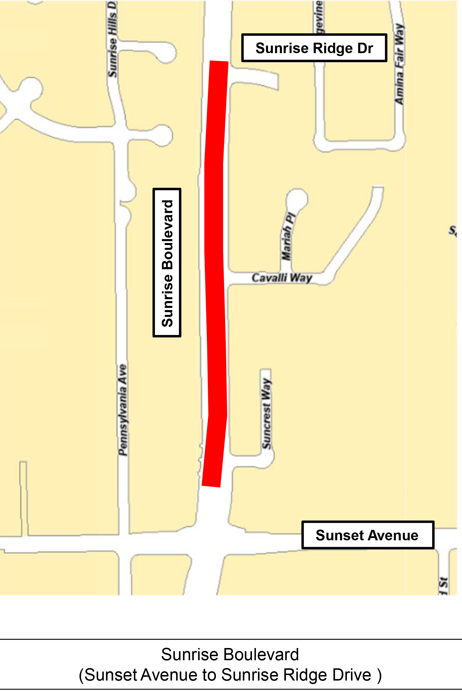 Map of work along Sunrise boulevard  sunset avenue to sunrise ridge drive