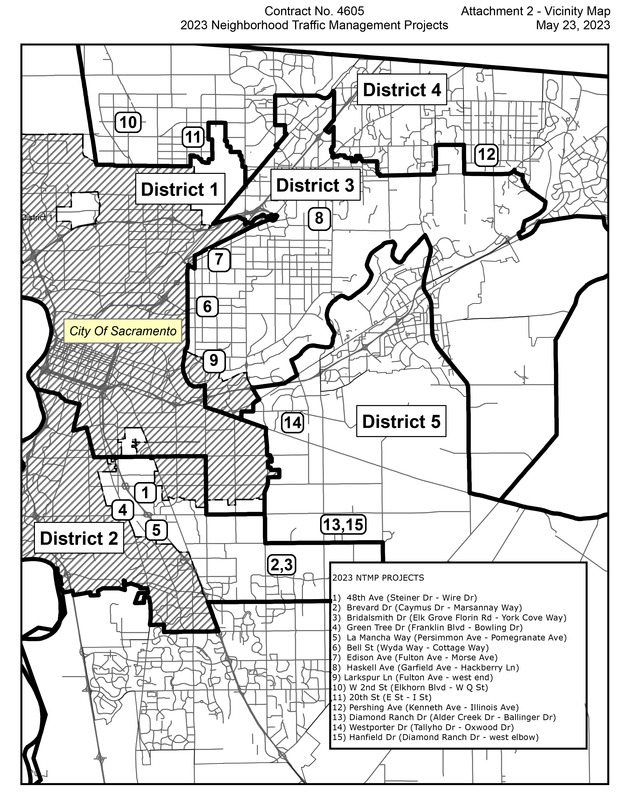 A map depicting the districts of Sacramento, CA, with a legend listing the 2023 NTMP projects, including street names, and corresponding numerical markers overlaid on the map.